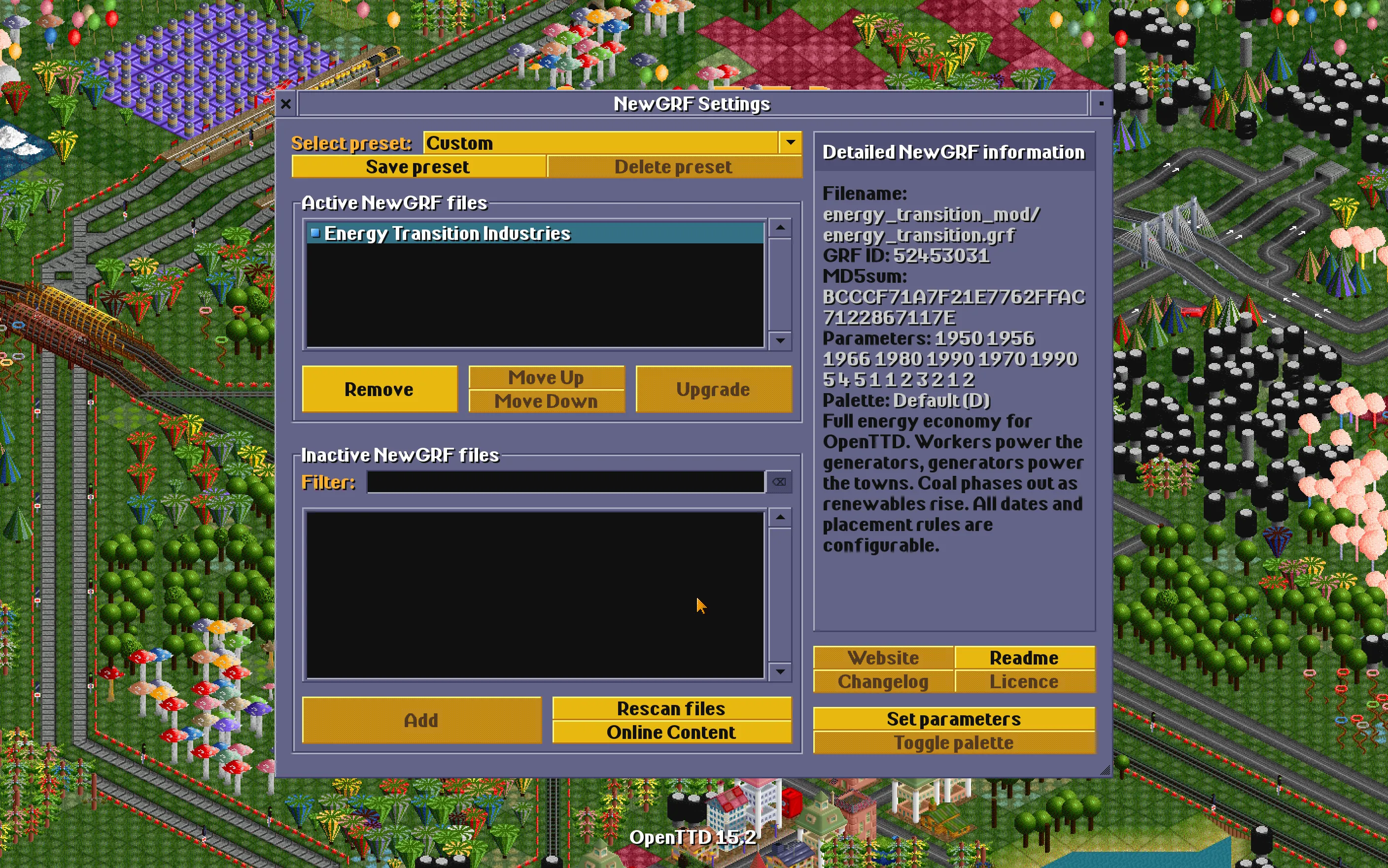 The Energy Transition Industries NewGRF Settings Screen
