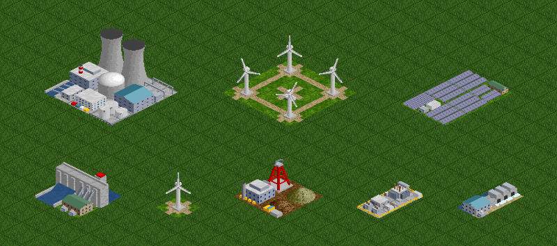 Isometric pixel art sprites for the OpenTTD renewable energy mod: nuclear plant, wind farm, solar farm, hydro dam, uranium mine, substation and tidal station